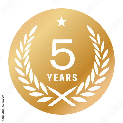 5 years anniversary vector logo, icon. Graphic element with golden color medal for 5th anniversary greeting card