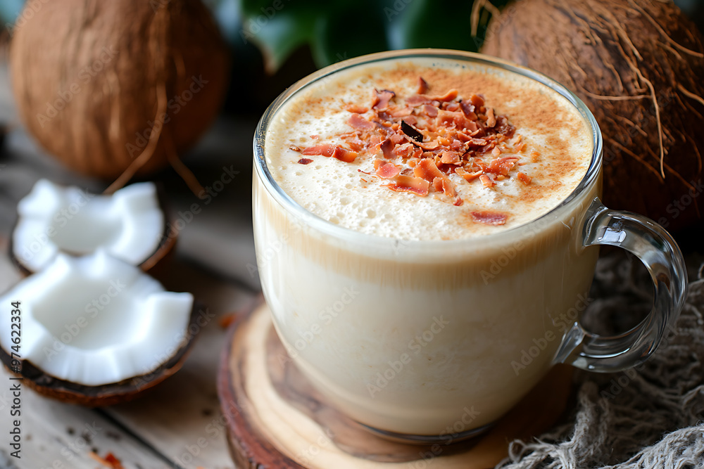 Creamy coconut latte that combines the warmth of autumn with tropical summer flavors, creating a comforting, refreshing drink. Creamy coconut latte that combines the warmth of autumn with tropical summer flavors, creating a comforting, refreshing drink.