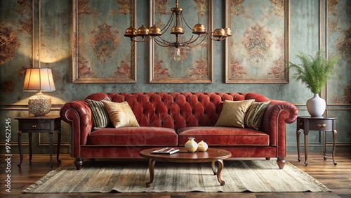 Retro-chic living room features a distressed, bold red velvet sofa with ornate wooden legs and intricate patterns, surrounded by vintage decorative elements. photo