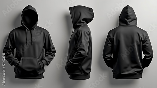 Black hoodie displayed from multiple angles, showcasing its design and comfort. Ideal for fashion brands, apparel marketing, and casual wear promotions.