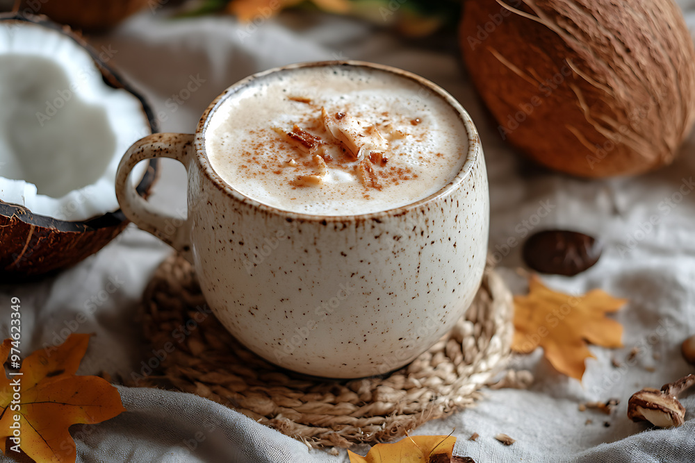 Creamy coconut latte that combines the warmth of autumn with tropical summer flavors, creating a comforting, refreshing drink. Creamy coconut latte that combines the warmth of autumn with tropical summer flavors, creating a comforting, refreshing drink.