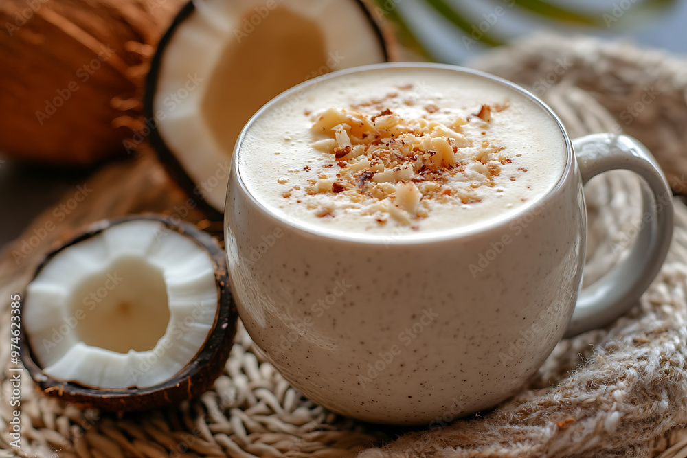 Creamy coconut latte that combines the warmth of autumn with tropical summer flavors, creating a comforting, refreshing drink. Creamy coconut latte that combines the warmth of autumn with tropical summer flavors, creating a comforting, refreshing drink.