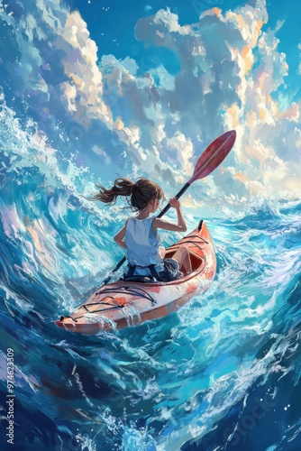 Vector illustration painting of a female kayaking in water