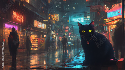 Cat and city with humans