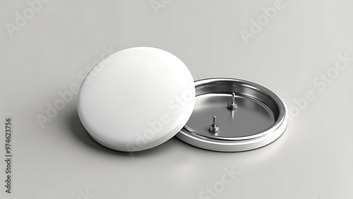 Blank round pin button with a shiny silver back, perfect for custom designs and promotional items. Ideal for branding, events, and creative projects. photo