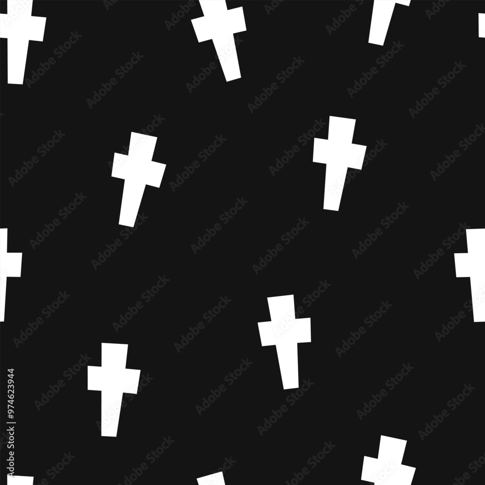 Obraz premium Decorative cross seamless pattern with white crosses on black background for Halloween holiday celebration. 