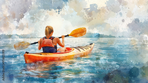 Watercolor painting of a female kayaking in water