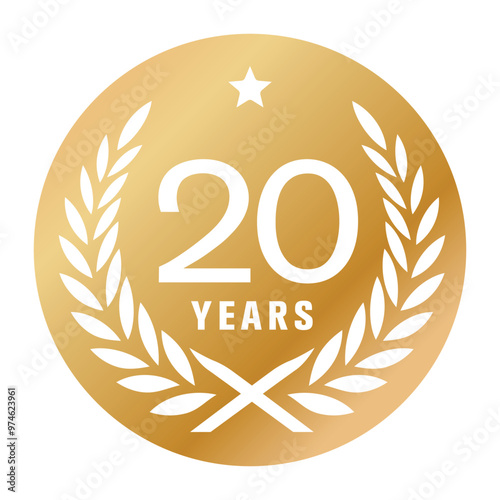 20 years anniversary vector logo, icon. Graphic element with golden color medal for 20th anniversary greeting card