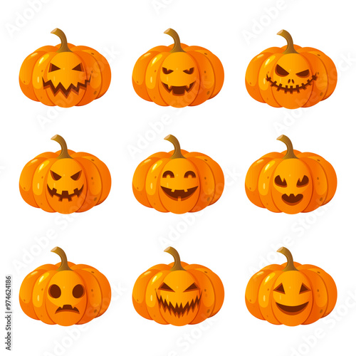 Cartoon Halloween carved pumpkins with different faces expressions isolated on white background.	

