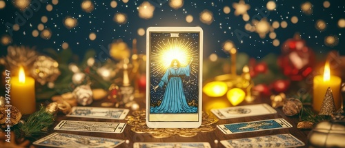 A magical scene with the Magician card highlighted in the center of a Tarot spread The card is surrounded by mystical symbols and elements photo