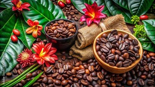 Rich aromatic coffee beans from the Selva Negra region, surrounded by lush green leaves and vibrant tropical flowers, evoke a sense of exotic sophistication. photo