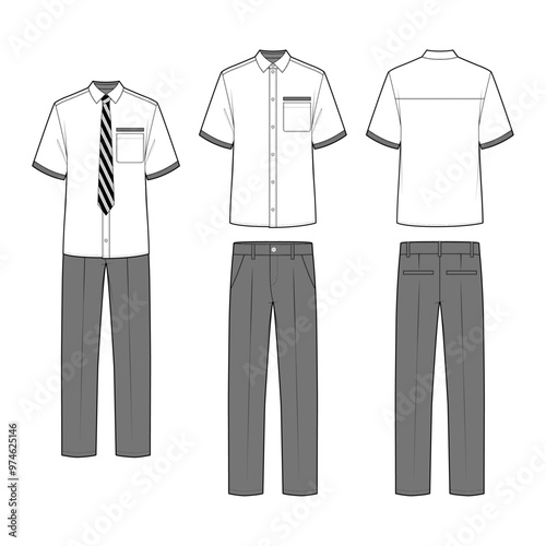 Technical flat sketch of a men's school uniform design template. Short-sleeve collar shirt and straight-fit pants set mock-up. Button-down classic shirt with striped necktie.