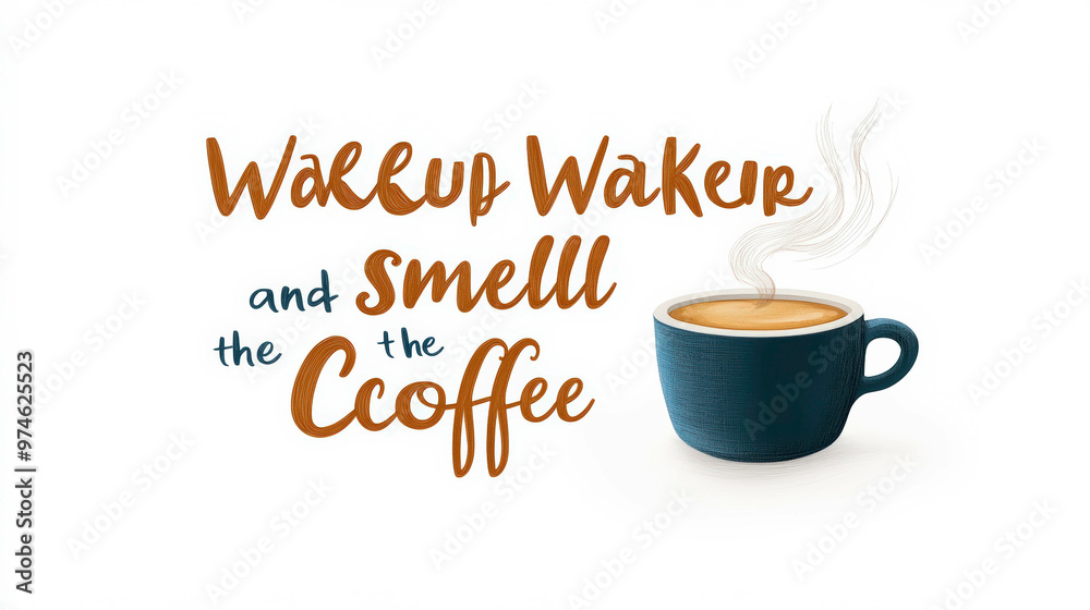 A handwritten quote that reads 'Wake up and smell the coffee' with a hot cup of coffee next to the text. The text is in a bright and soft color tone, giving it a warm atmosphere.
