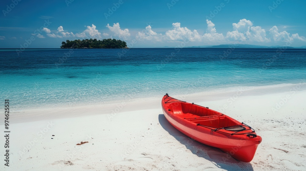 Kayak boat in tropical beach with island in sea Kayak boat in tropical beach with island in sea
