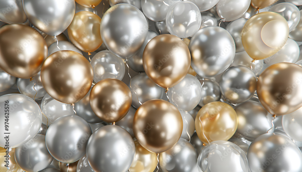 Festive background with gold balloons and scattered golden confetti. Premium background for a festive birthday celebration Festive background with gold balloons and scattered golden confetti. Premium background for a festive birthday celebration