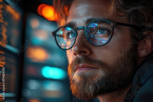 focused programmer immersed in coding multiple screens displaying colorful syntax dark room illuminated by screen glow reflecting off glasses futuristic ui elements and ai visualizations