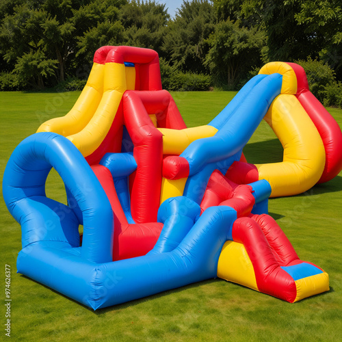 Children inflatable slide for play, isolated on natural background