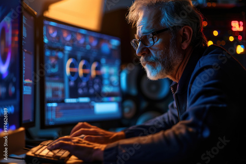 Senior financial analyst deeply focused on reviewing real-time market data on computer screens in a modern office