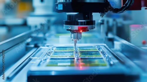 A high-tech laser engraver performs precision work on an electronic circuit board in a modern manufacturing environment.