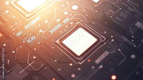 A detailed close-up of a microchip embedded on a circuit board, illuminated by warm glowing lights. photo