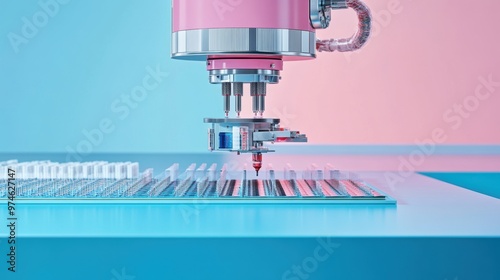 A high-tech laser engraver performs precision work on an electronic circuit board in a modern manufacturing environment. photo