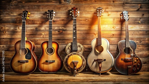 Rustic wooden background showcases a collection of iconic country music stringed instruments, including acoustic guitars, banjos, fiddles, and mandolins, in warm golden light. photo