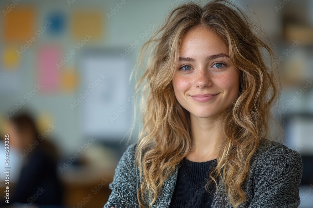 friendly teacher in bright classroom warm smile arms crossed confidently professional attire soft natural lighting engaging demeanor friendly teacher in bright classroom warm smile arms crossed confidently professional attire soft natural lighting engaging demeanor