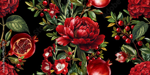 Seamless vector pattern with pomegranates, red garden flowers and berries isolated on a changeable background. Vintage painting style illustration.