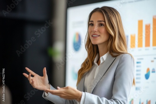 business woman giving presentation for capital photo