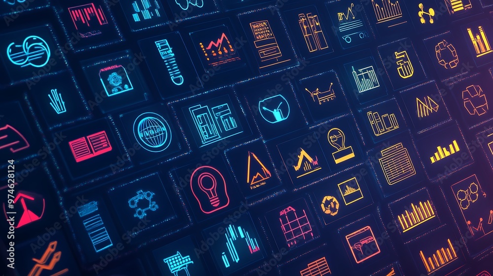 Neon Glowing Icons on a Dark Background. Neon Glowing Icons on a Dark Background.