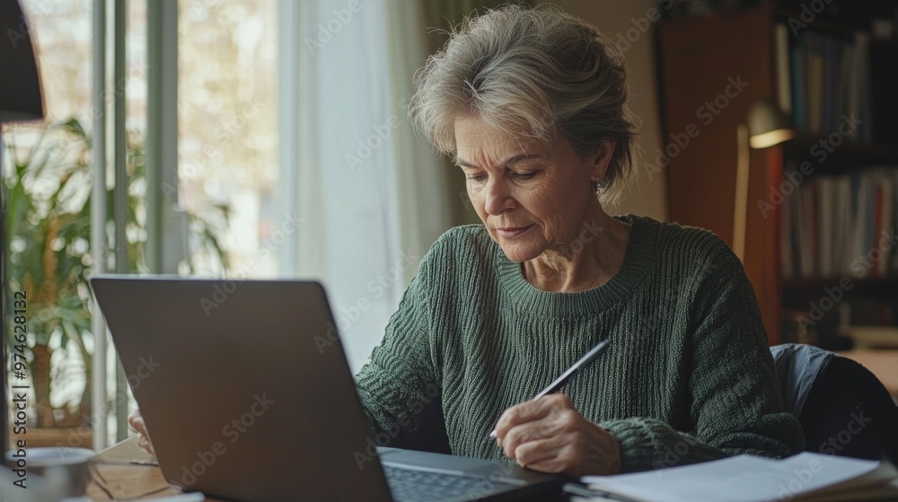 Online education courses webinar concept. Middle aged senior woman using laptop computer writing notes. Focused mature old woman enjoying studying online from home written records doing online work Online education courses webinar concept. Middle aged senior woman using laptop computer writing notes. Focused mature old woman enjoying studying online from home written records doing online work