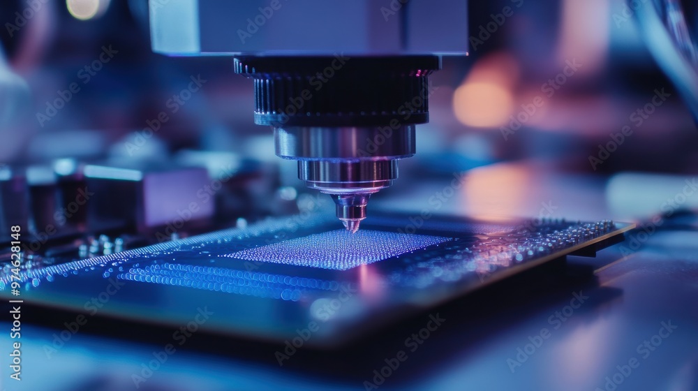 A high-tech laser engraver performs precision work on an electronic circuit board in a modern manufacturing environment. A high-tech laser engraver performs precision work on an electronic circuit board in a modern manufacturing environment.