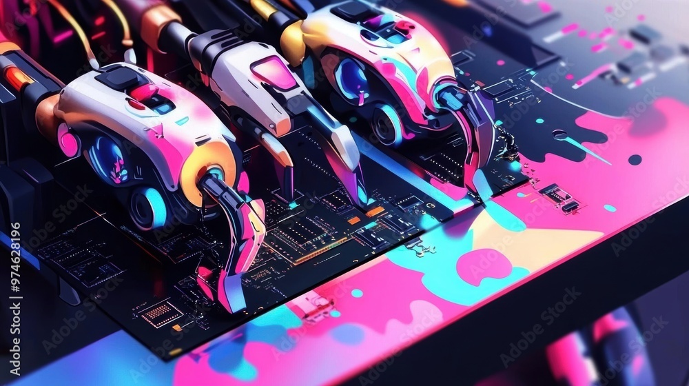 Robotic arms work on assembling circuit boards in a vibrant, futuristic ...