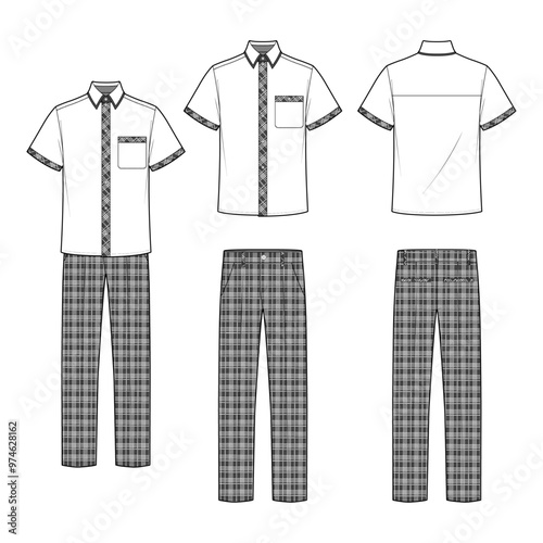 Technical flat sketch of a men's school uniform design template. Short-sleeve collar shirt and straight-fit plaid pants set mock-up. Button-down classic shirt and check print necktie.