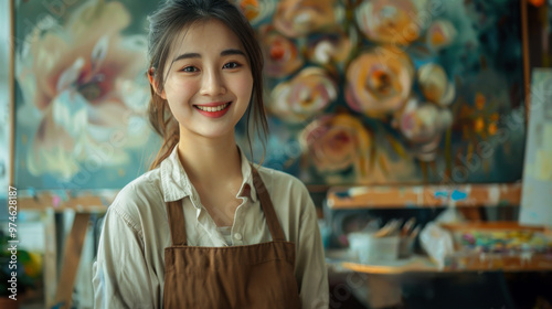 Young woman smiling in an art studio surrounded by colorful paintings during daytime