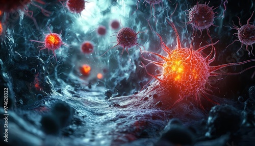 A surreal interpretation of an immune system overreaction, with abstract visuals of cells attacking the skin, resulting in a painful rash, the scene dark and intense