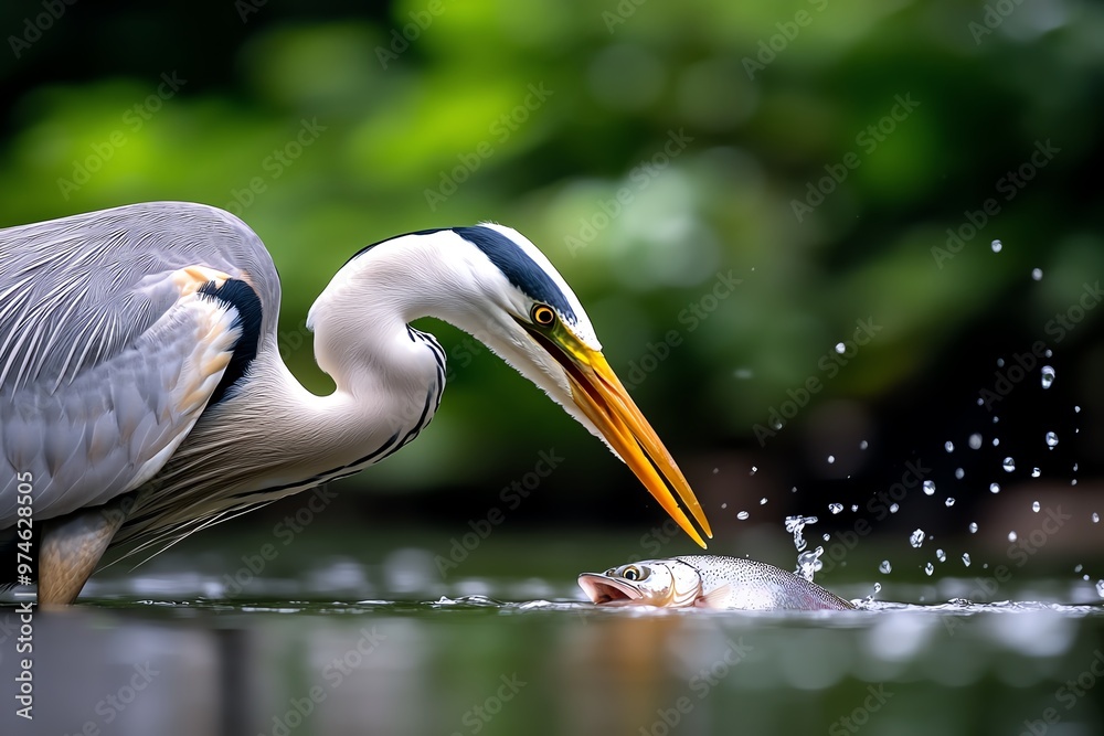 Obraz premium A heron stalking its prey in a river, beak poised for the perfect strike as a fish swims nearby