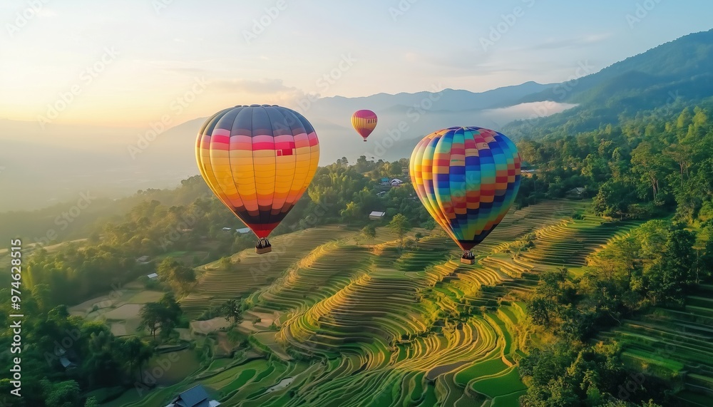 Fototapeta premium Vibrant Hot Air Balloons Over Sunset Scene Of Pa Bong Piang Terraced Rice Fields In Mae Chaem, Chiang Mai Thailand