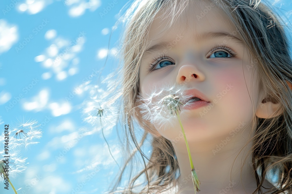 Young girl blowing on a dandelion seed head, looking up at the sky with a dreamy expression. Young girl blowing on a dandelion seed head, looking up at the sky with a dreamy expression.