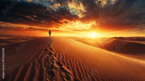 A solitary person is walking through a vast desert at sunset time