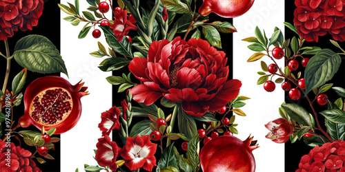 Seamless vector pattern with pomegranates, red garden flowers and berries isolated on a changeable background. Vintage painting style illustration.