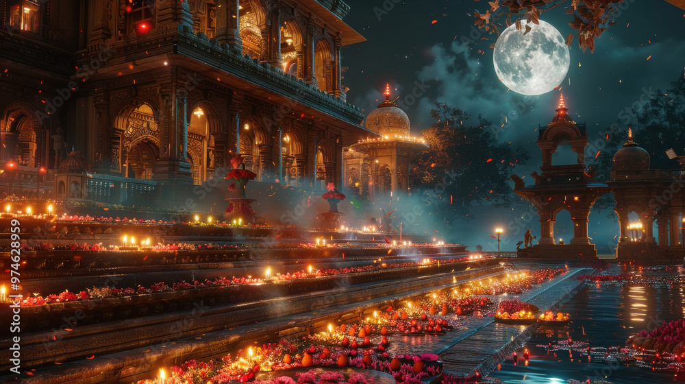 A majestic temple adorned with thousands of lit diyas and colorful lights, with devotees offering prayers and flowers A majestic temple adorned with thousands of lit diyas and colorful lights, with devotees offering prayers and flowers