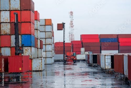 Photography Container forklift in storage yard Perspective of industry and transportation