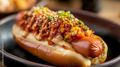 Hot dog topped with Korean-inspired kimchi, spicy mayo, and sesame seeds, served in a unique photo