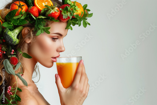 Human body is made of fruit and vegetables, eating healthy foods,woman drinking orange healty orange juice, foods healthy concept ,Generative AI