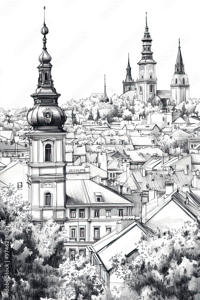Fototapeta premium Cluj, Napoca, black and white pen pencil hand-drawn effect portrait drawing illustration for travel poster, card, wallpaper, backdrop or banner. Modern, clear, artistic and simple