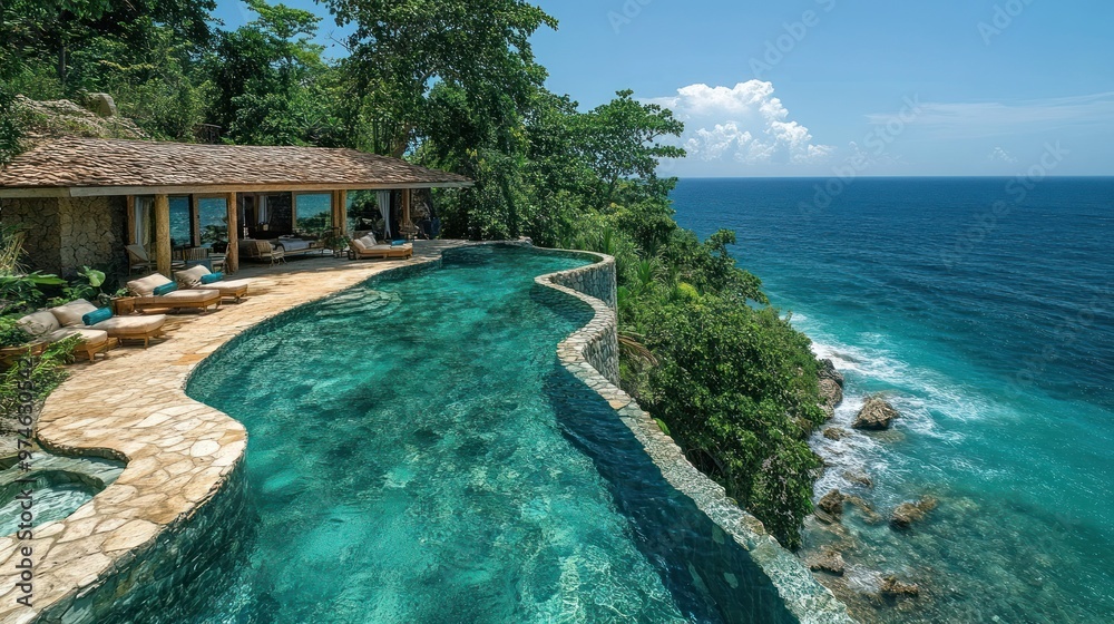 Obraz premium Stunning infinity pool overlooking the ocean in a tropical setting.
