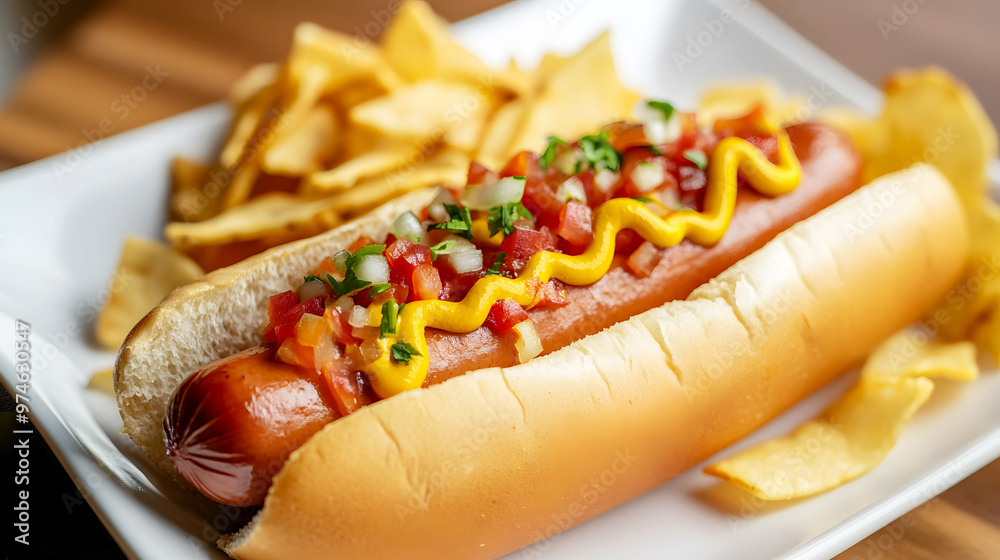 Hot dog with ketchup, mustard, and finely chopped onions, served on a white plate with a side Hot dog with ketchup, mustard, and finely chopped onions, served on a white plate with a side