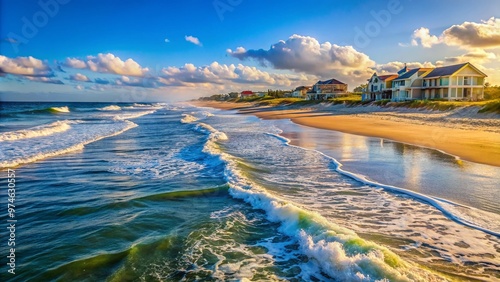 Serene coastal scene featuring gentle waves crashing against the sandy shoreline of Ocean Isle Beach during high tide on a tranquil sunny day. photo