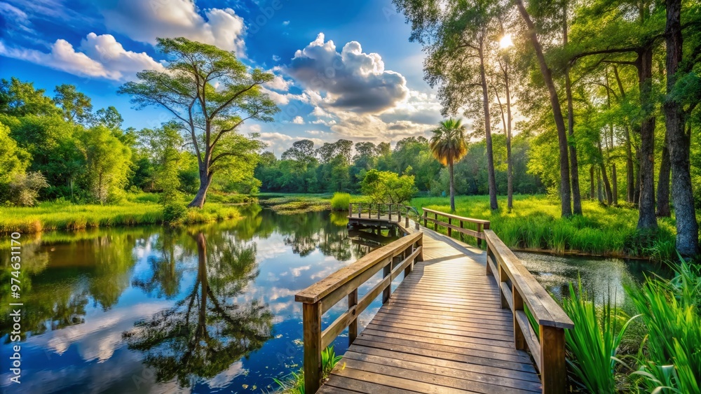 Serene forest landscape with wooden boardwalk and lush greenery surrounding a tranquil pond at a nature preserve on a sunny afternoon. Serene forest landscape with wooden boardwalk and lush greenery surrounding a tranquil pond at a nature preserve on a sunny afternoon.